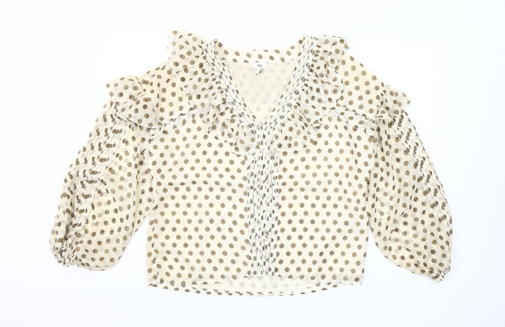 River Island Women Beige Polka Dot Ruffle Chiffon Blouse Size 10
