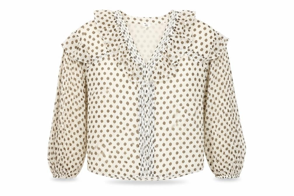 Front view of River Island Women Beige Polka Dot Ruffle Chiffon Blouse, size 10