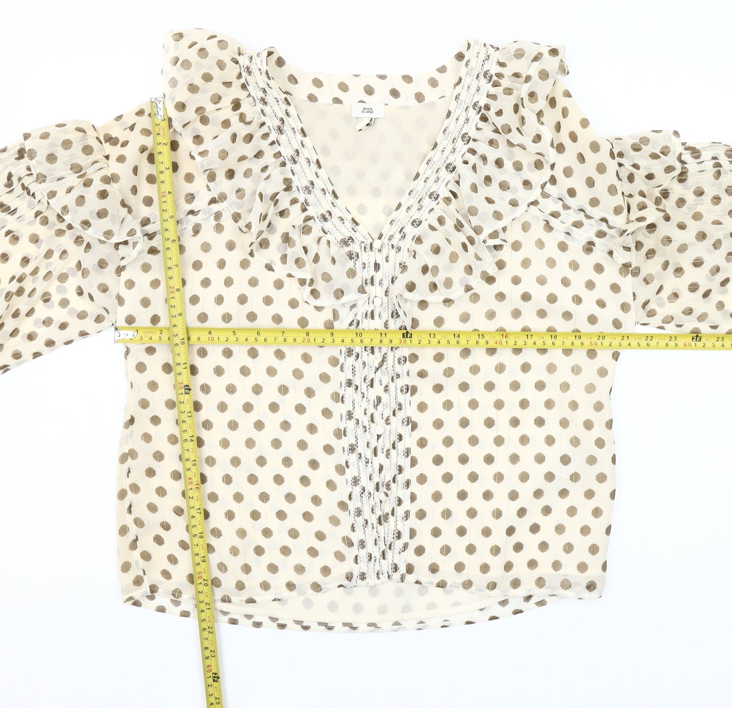 River Island Women Beige Polka Dot Ruffle Chiffon Blouse Size 10
