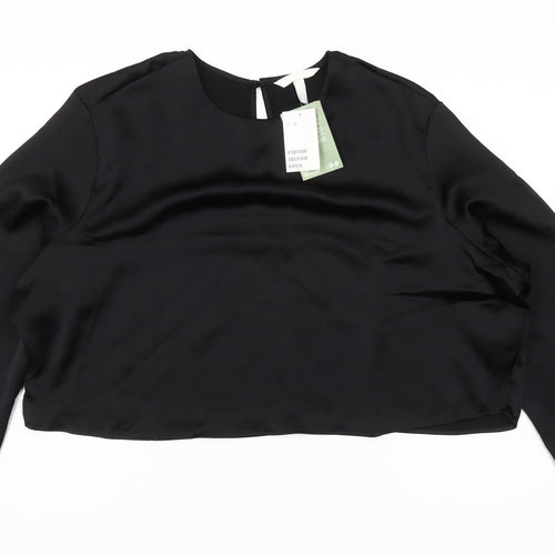 H&M Women Black Satin Cropped Blouse Size 16 Long Sleeve Top