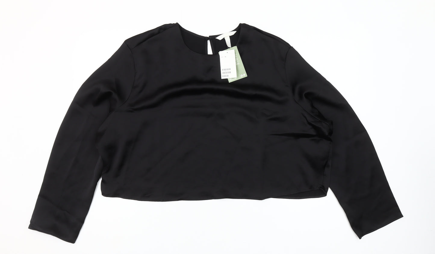 H&M Women Black Satin Cropped Blouse Size 16 Long Sleeve Top
