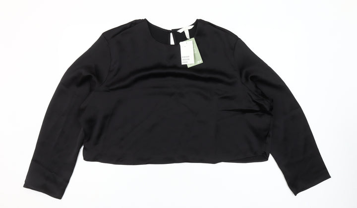 H&M Women Black Satin Cropped Blouse Size 16 Long Sleeve Top