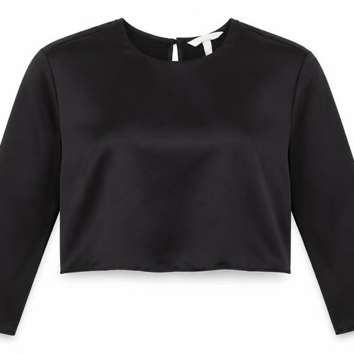 H&M Women Black Satin Cropped Blouse Size 16 Long Sleeve Top