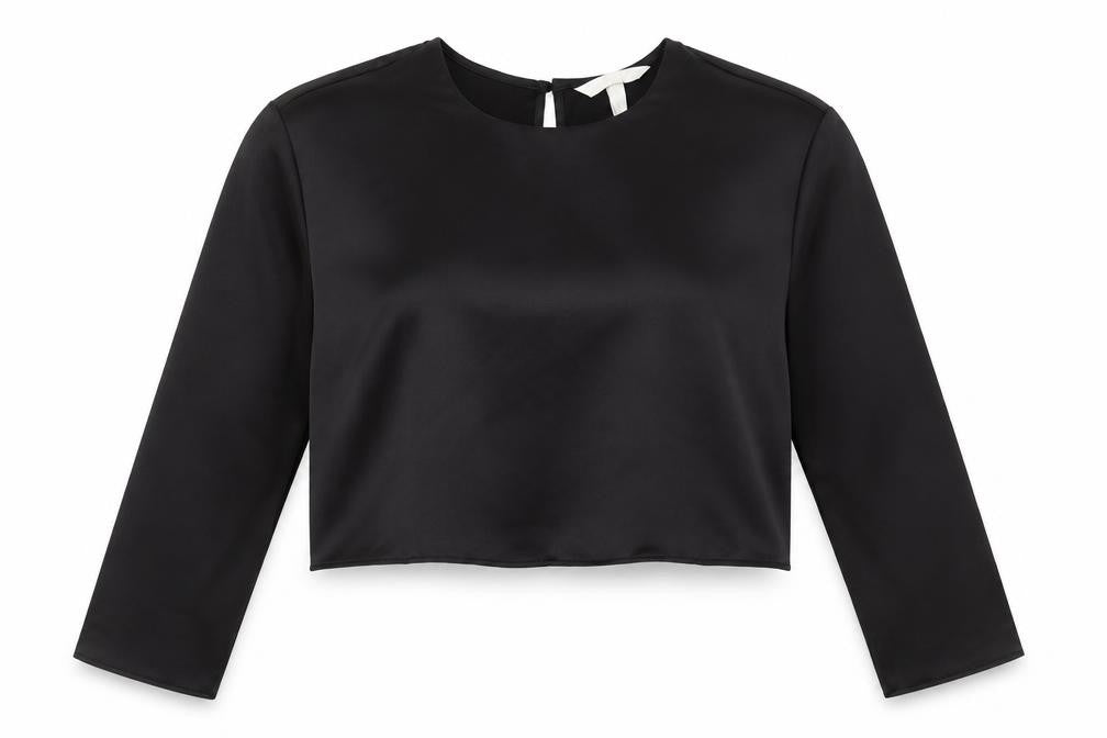 H&M Women Black Satin Cropped Blouse Size 16 Long Sleeve Top