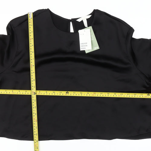 H&M Women Black Satin Cropped Blouse Size 16 Long Sleeve Top