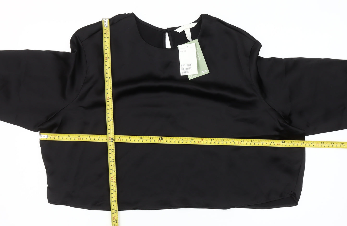 H&M Women Black Satin Cropped Blouse Size 16 Long Sleeve Top