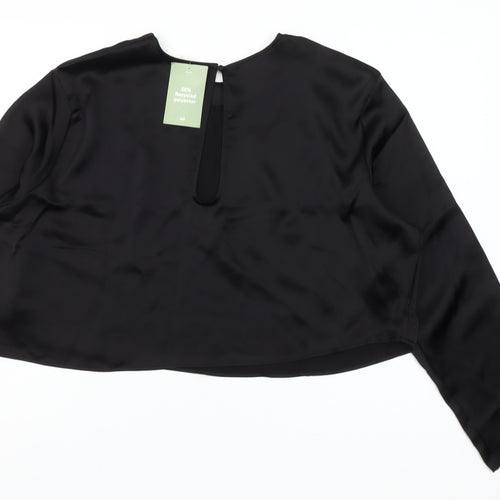 H&M Women Black Satin Cropped Blouse Size 16 Long Sleeve Top