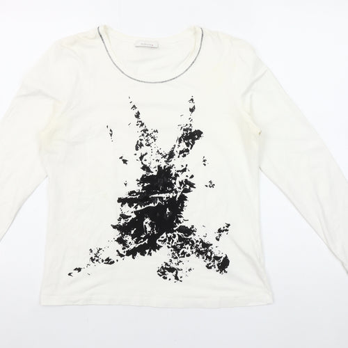 Hirsch Women White Long Sleeve Cotton Stretch Graphic T-Shirt Size L