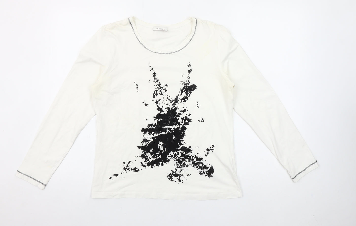 Hirsch Women White Long Sleeve Cotton Stretch Graphic T-Shirt Size L