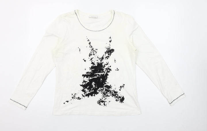 Hirsch Women White Long Sleeve Cotton Stretch Graphic T-Shirt Size L