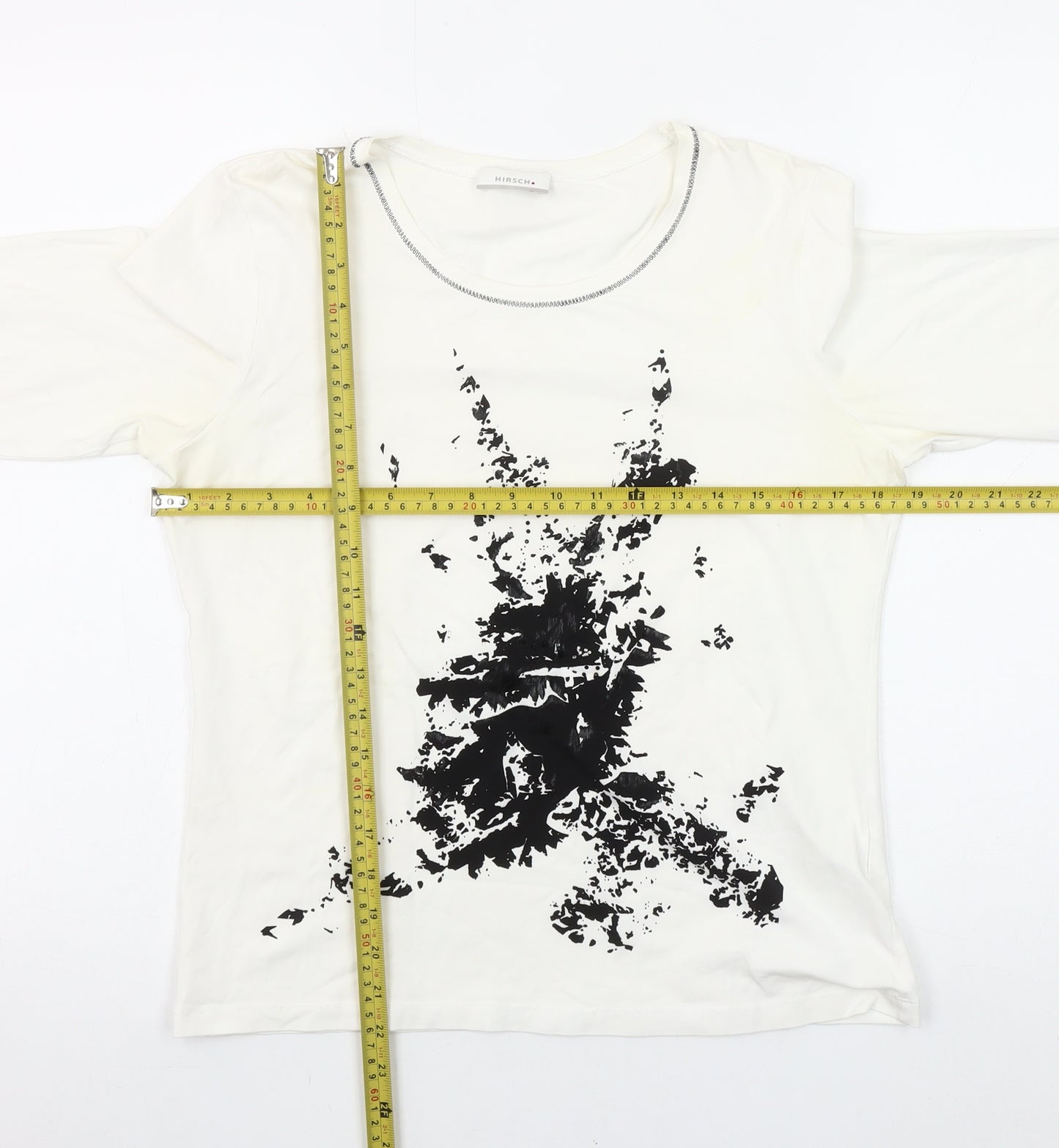 Hirsch Women White Long Sleeve Cotton Stretch Graphic T-Shirt Size L