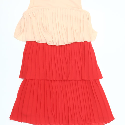 Savida Women Red Beige Colourblock Pleated A-Line Dress Size 8