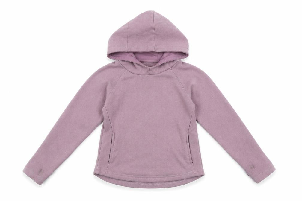 Front view of Dunnes girls’ purple pullover hoodie 5-6 years regular fit