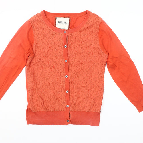Diesel Womens Orange Lace Knit Cardigan L Long Sleeve 100% Cotton