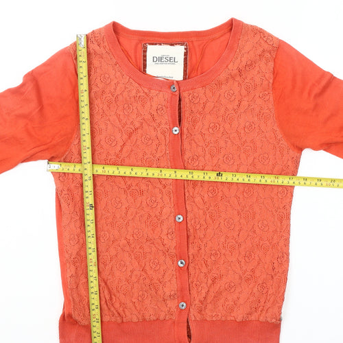 Diesel Womens Orange Lace Knit Cardigan L Long Sleeve 100% Cotton