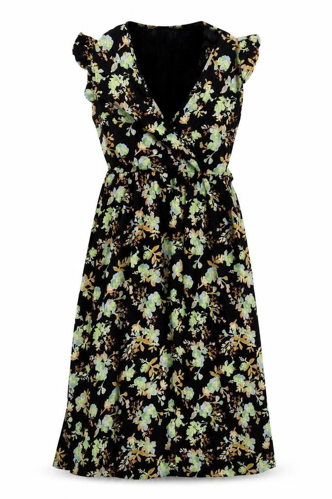 Next Women's Black Floral Cotton Wrap Midi Dress Size 6