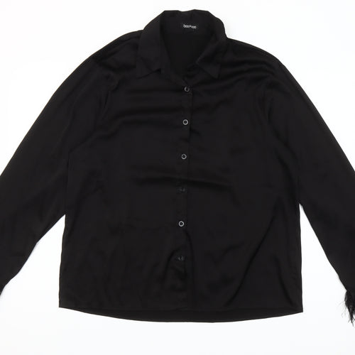 Boohoo Women’s Black Long Sleeve Faux Feather Trim Satin Button-Up Shirt UK 12