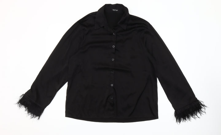 Boohoo Women’s Black Long Sleeve Faux Feather Trim Satin Button-Up Shirt UK 12