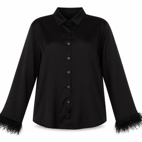Boohoo Women’s Black Long Sleeve Faux Feather Trim Satin Button-Up Shirt UK 12