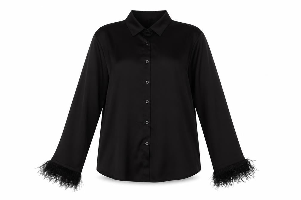 Boohoo Women’s Black Long Sleeve Faux Feather Trim Satin Button-Up Shirt UK 12