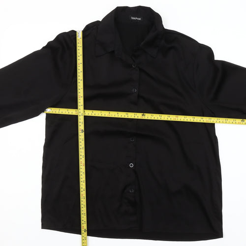 Boohoo Women’s Black Long Sleeve Faux Feather Trim Satin Button-Up Shirt UK 12