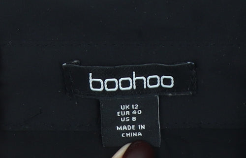 Boohoo Women’s Black Long Sleeve Faux Feather Trim Satin Button-Up Shirt UK 12