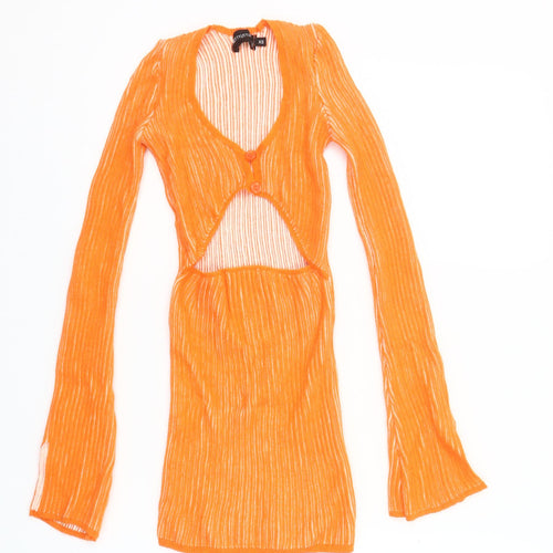 PrettyLittleThing Women’s Orange XS Bodycon Mini Dress Long Sleeve V-Neck