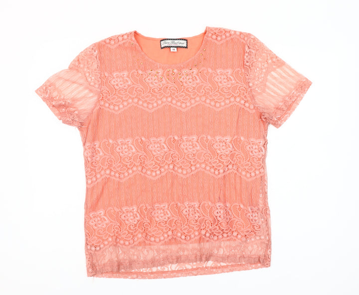 Paco Boutique Women’s Pink Lace Short Sleeve Blouse Size 14