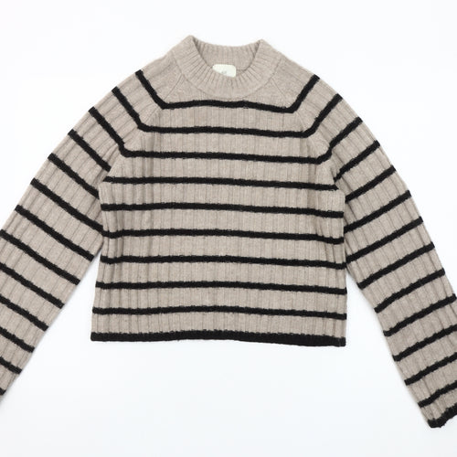 H&M Women’s Beige Black Striped High Neck Rib Knit Jumper XS