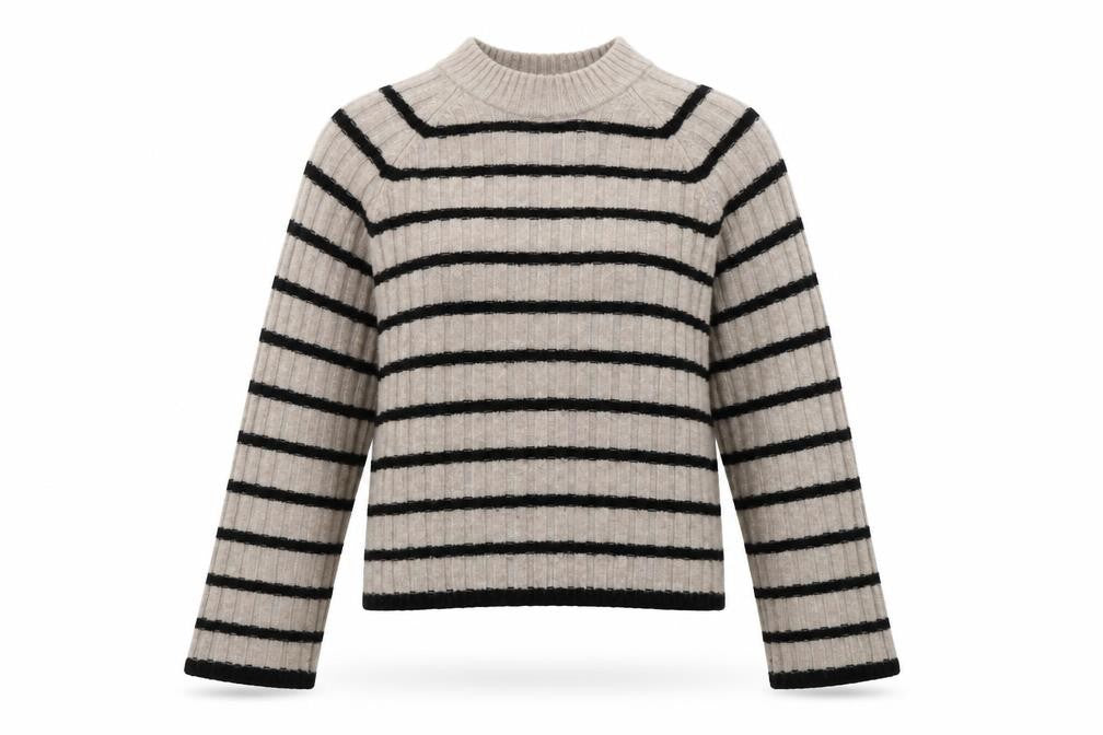 H&M Women’s Beige Black Striped High Neck Rib Knit Jumper XS