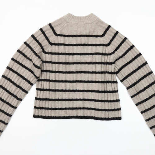 H&M Women’s Beige Black Striped High Neck Rib Knit Jumper XS