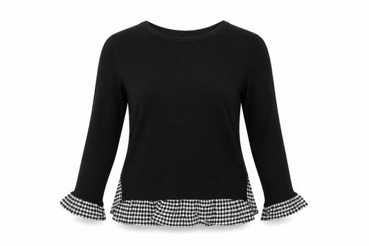 Front view of Topshop Women's Black Check Trim Long Sleeve jumper, size 6