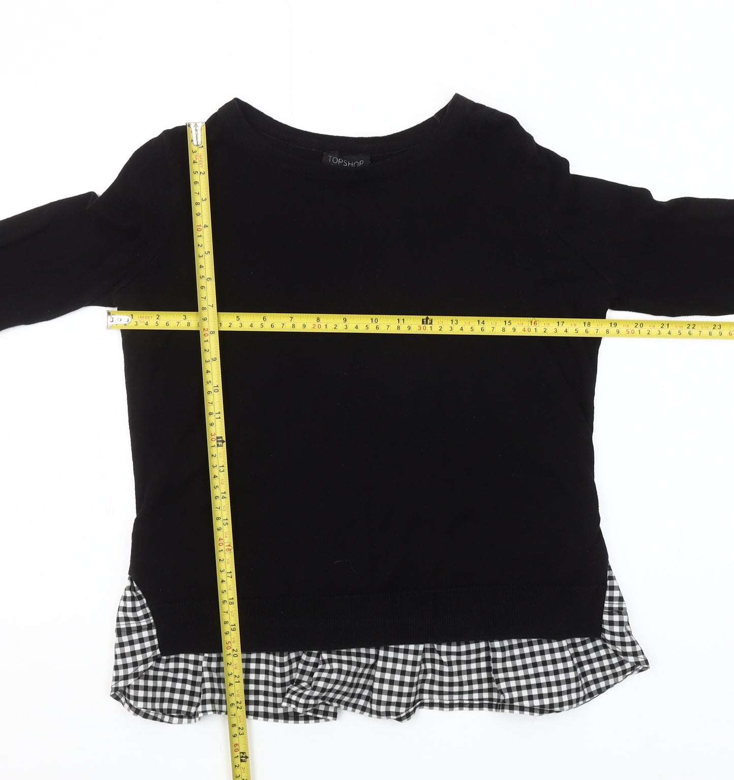 Topshop Women's Black Check Trim Long Sleeve Pullover Jumper Size 6