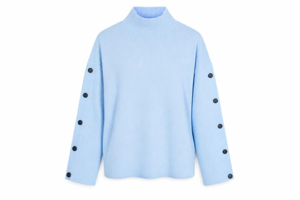 Front view of Friends Like These Women's Blue Mock Neck Button Sleeve Jumper, size 10
