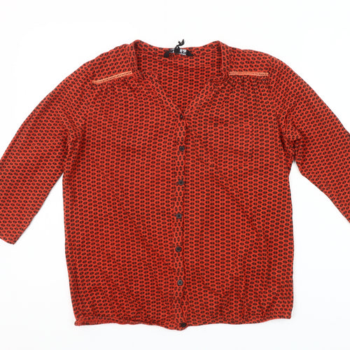 Debenhams Women Red Geometric Button-Up Cotton Blouse Size 14