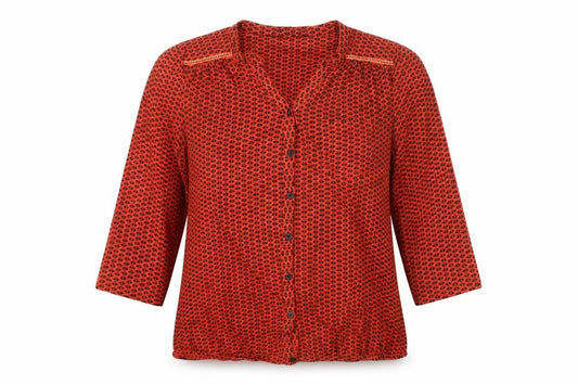 Front view of Debenhams Women Red Geometric Button-Up Cotton Blouse, size 14