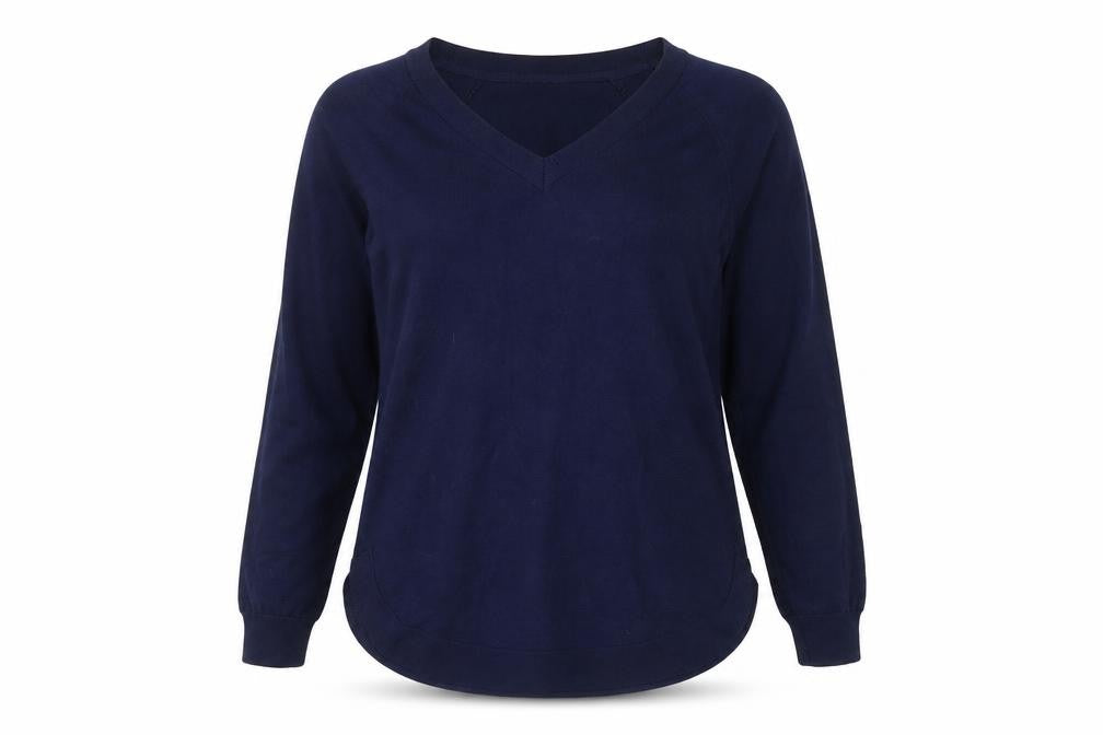 Front view of Gallery women’s blue v-neck cotton jumper, size M