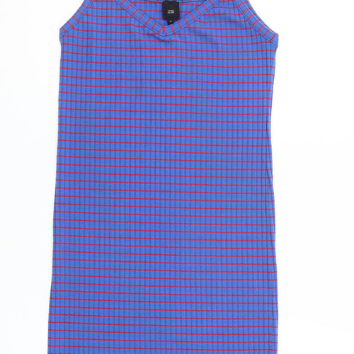 River Island Women Blue Check Slip Dress Size 14 Jersey Stretch
