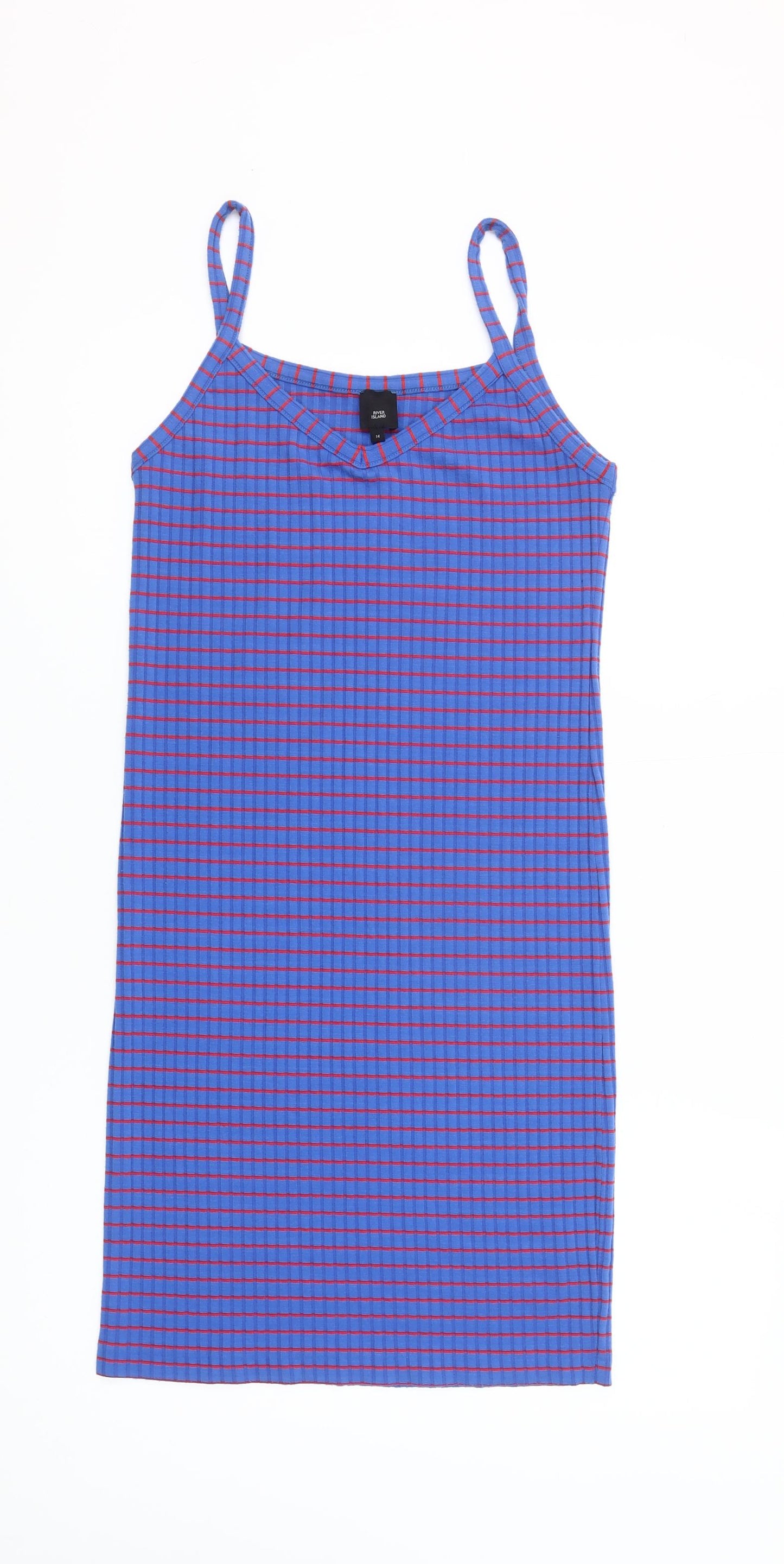 River Island Women Blue Check Slip Dress Size 14 Jersey Stretch