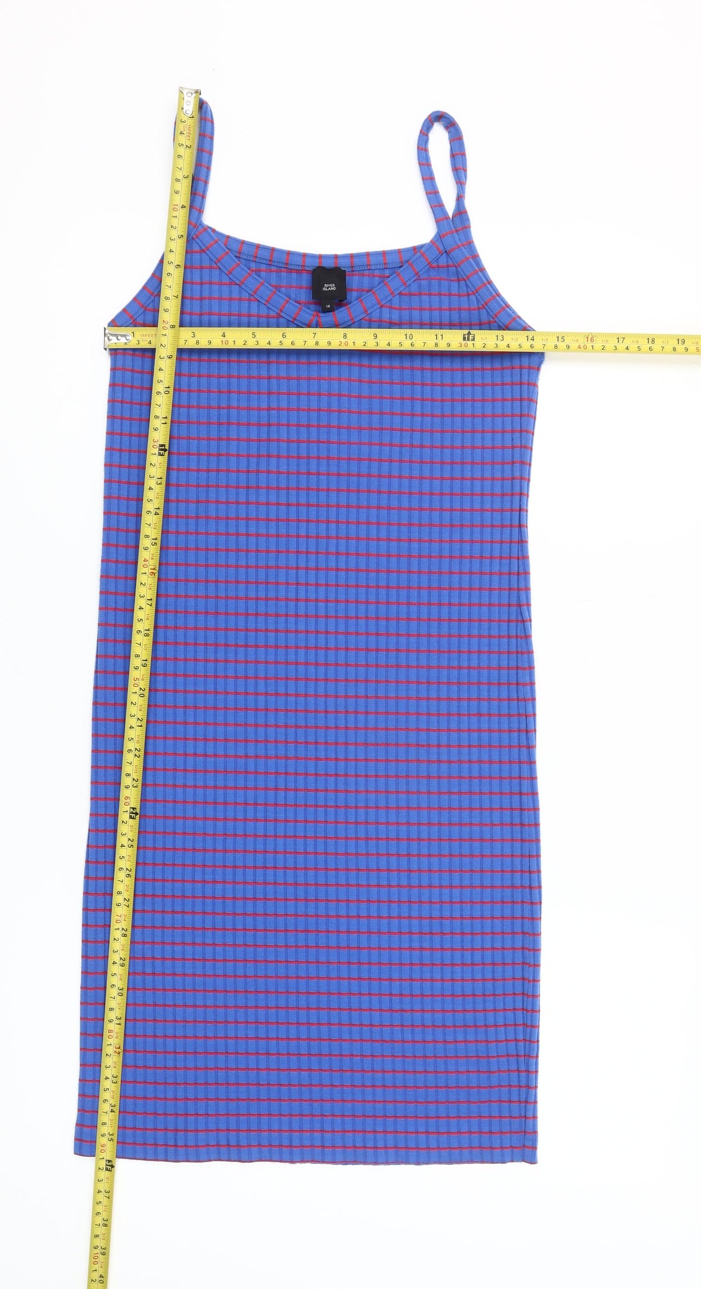 River Island Women Blue Check Slip Dress Size 14 Jersey Stretch