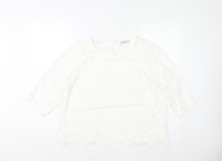 Gallery Womens White Lace Tunic Blouse Size L 3/4 Sleeve Cotton Blend