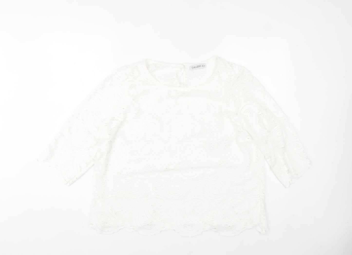 Gallery Womens White Lace Tunic Blouse Size L 3/4 Sleeve Cotton Blend