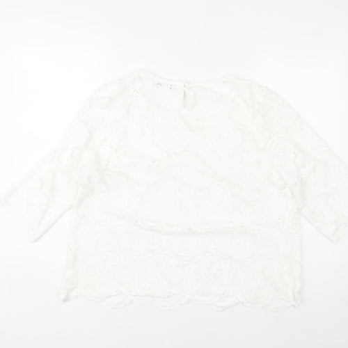 Gallery Womens White Lace Tunic Blouse Size L 3/4 Sleeve Cotton Blend
