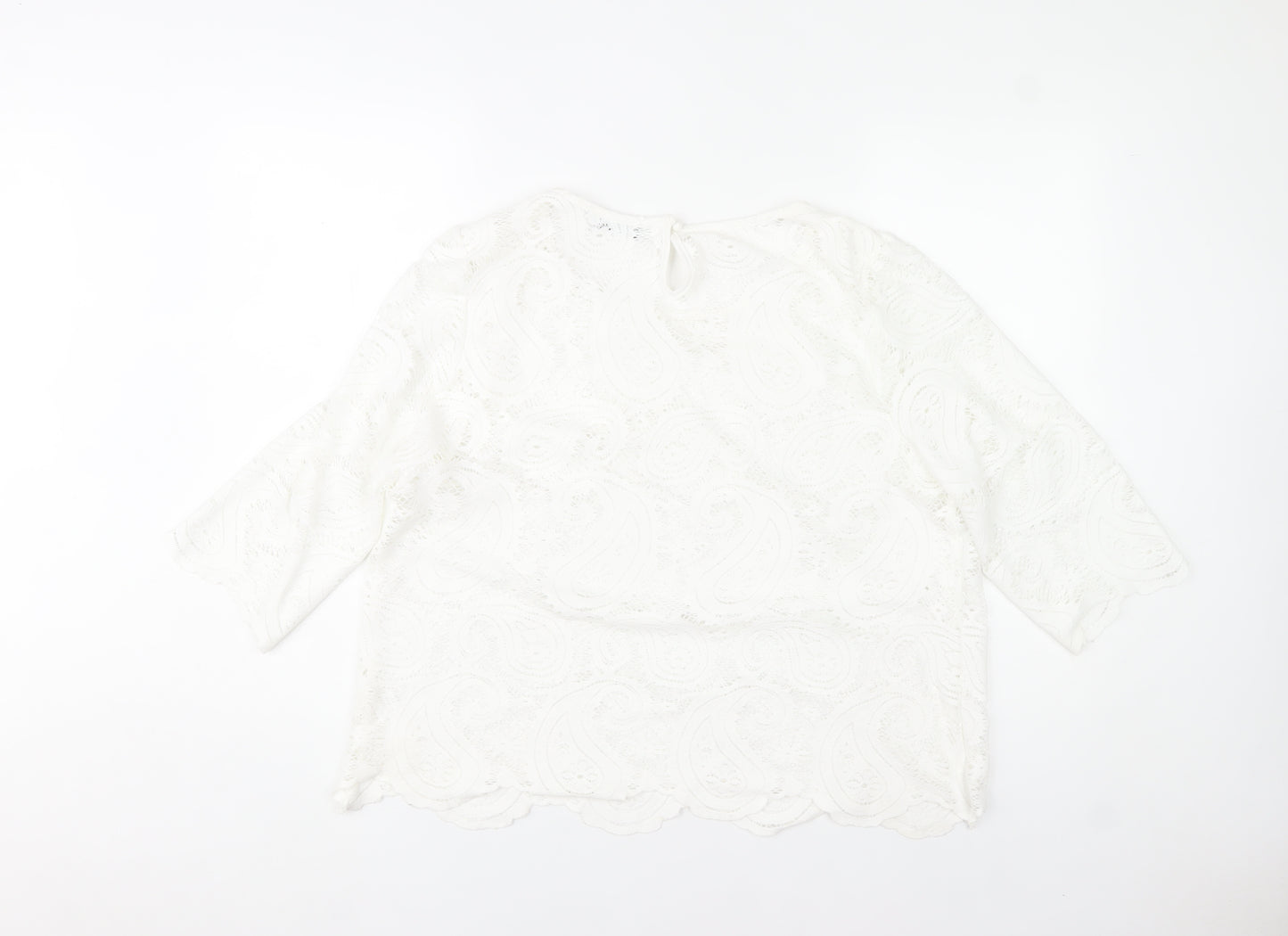 Gallery Womens White Lace Tunic Blouse Size L 3/4 Sleeve Cotton Blend