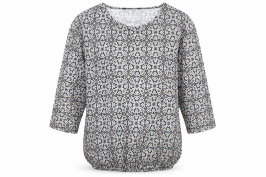 Front view of St. Bernard for Dunnes Women’s Grey Geometric 3/4 Sleeve Blouse, size UK 12
