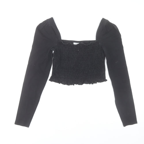 Topshop Women's Black Cropped Long Sleeve Smocked Blouse UK 10