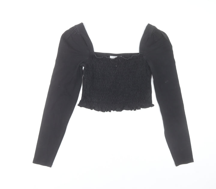 Topshop Women's Black Cropped Long Sleeve Smocked Blouse UK 10