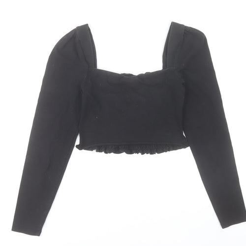 Topshop Women's Black Cropped Long Sleeve Smocked Blouse UK 10