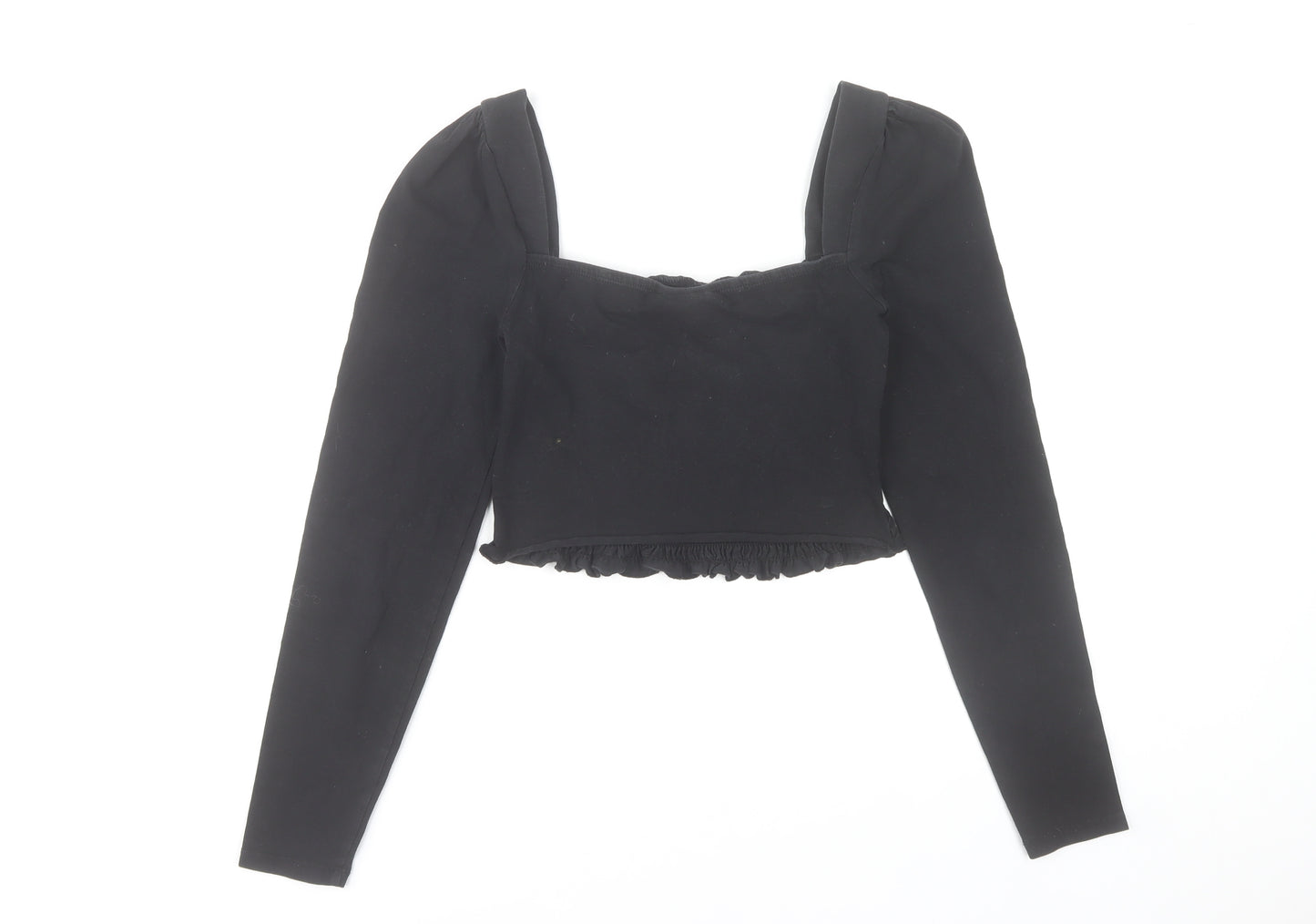 Topshop Women's Black Cropped Long Sleeve Smocked Blouse UK 10