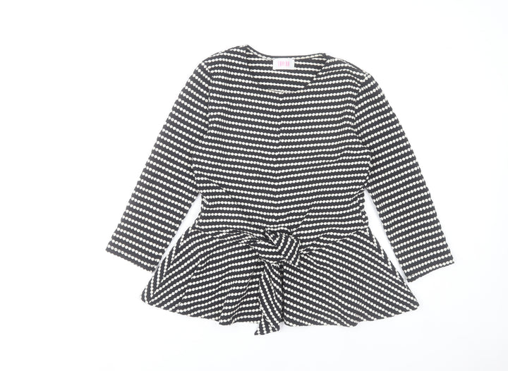 Savida Women's Black White Striped Wrap Long Sleeve Peplum Blouse XS